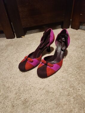 Via Spiga Two-Tone Pink and Red Suede Ankle-Strap Heels